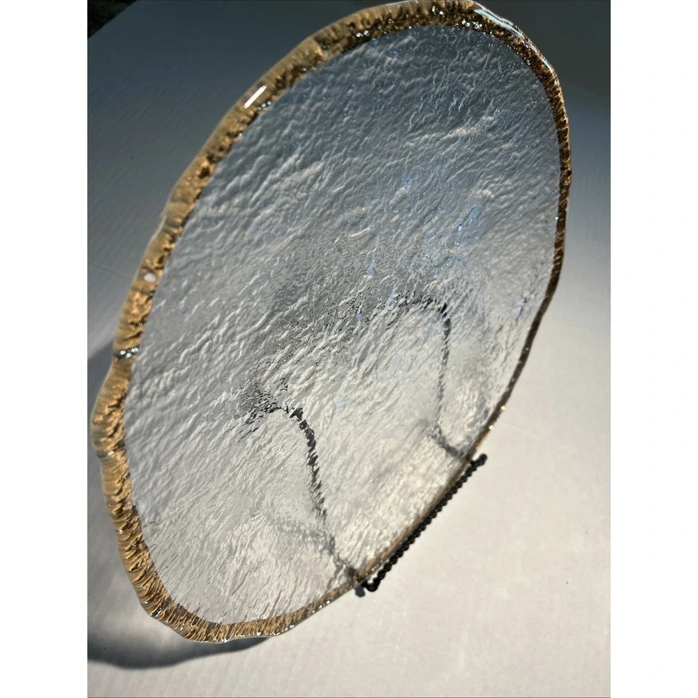 Glacier IVV Italian 10K Gold Trimmed 14 Inch‎ Serving Platter Textured Art Glass